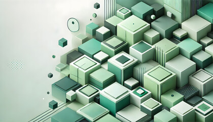 緑色の立体キューブが重なる抽象的な背景
