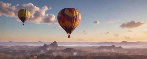 Obraz premium The sky is painted with bright hues while a colorful hot air balloon floats effortlessly in the distance, cloudless sky, long shot