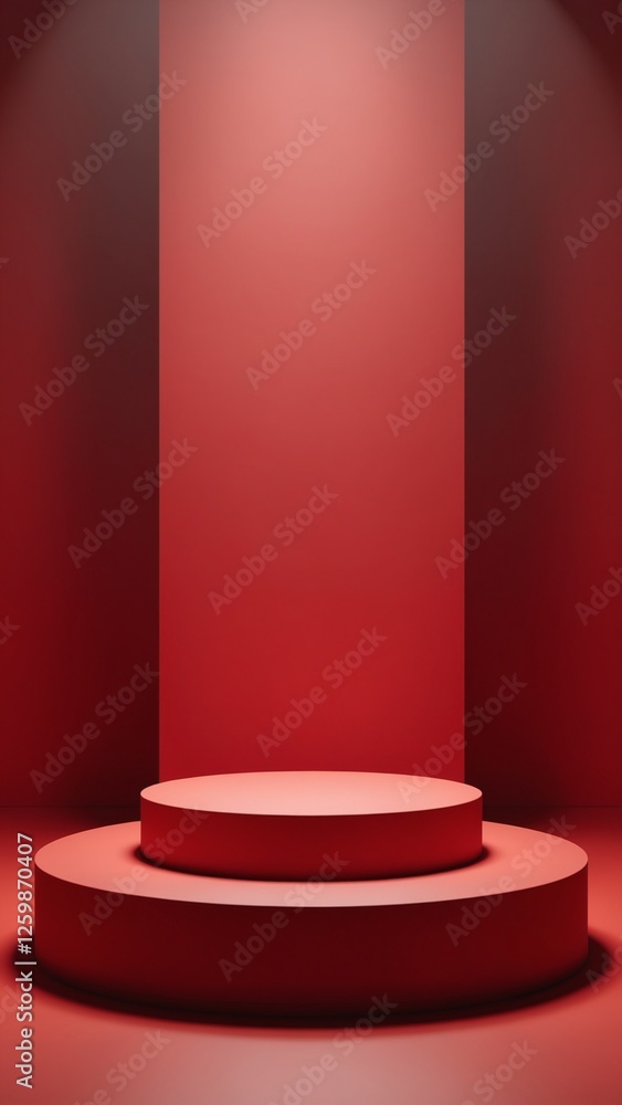 Aufkleber Pedestal of platform display with modern stand podium on red room background. Blank Exhibition stage backdrop or empty product shelf. 3D rendering