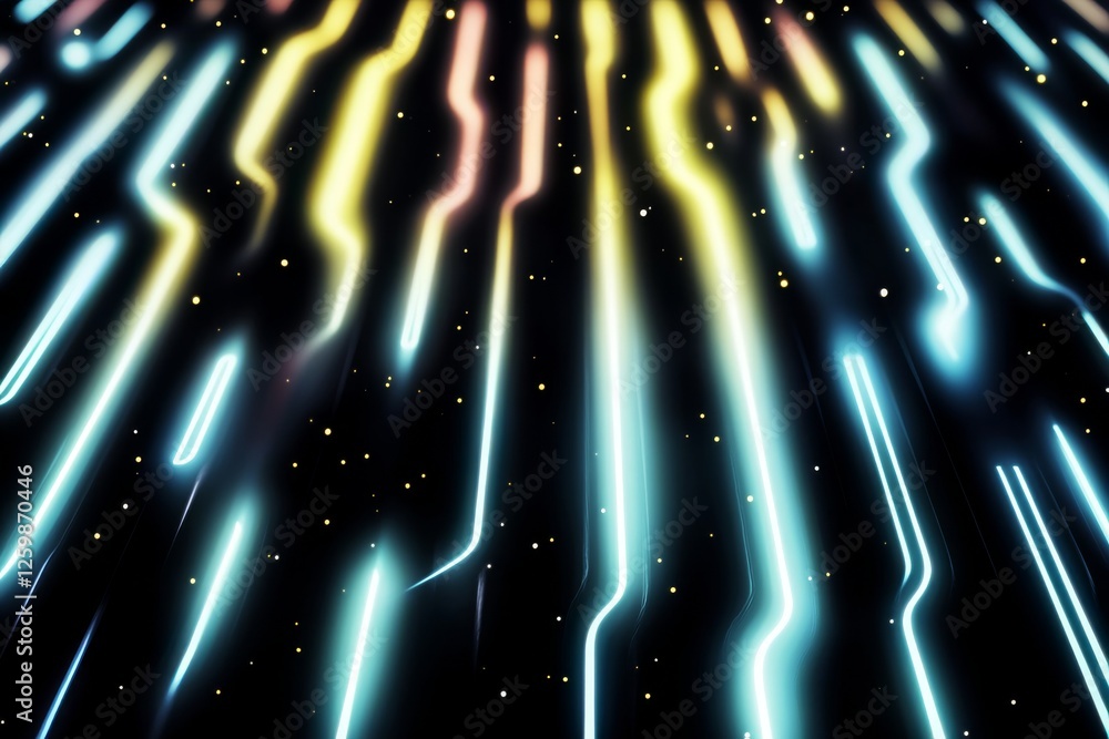 Poster vibrant, flowing lines of light cascade down against a dark backdrop, creating a mesmerizing visual 