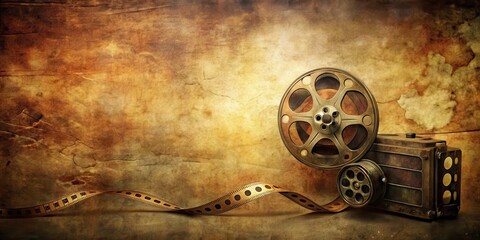 Fototapeta premium Distressed Film Reel Background with Vintage Camera , retro style, vintage camera