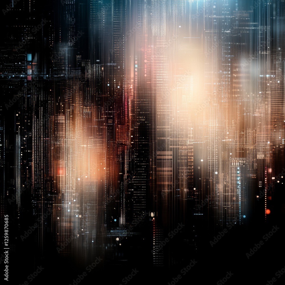 Poster a captivating digital artwork featuring vibrant light patterns and data-like structures, evoking a f