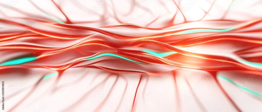 Poster an abstract image featuring wavy lines in red and turquoise on a light background, conveying a sense