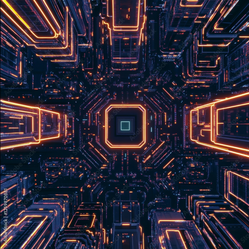 Poster a futuristic, abstract digital landscape featuring glowing lines and geometric shapes creating an im