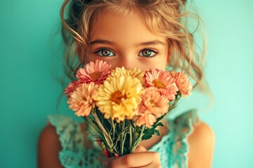 Fototapeta premium In front of a light blue backdrop, a young girl is seen holding a colorful array of flowers on a bright and sunny day