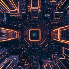 Fototapeta premium A futuristic, abstract digital landscape featuring glowing lines and geometric shapes creating an immersive tunnel effect.