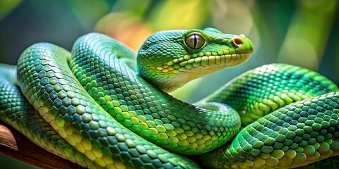 Fototapeta premium Emerald Green Serpent Coiled in Lush Foliage, Displaying Intricate Scales and Striking Gaze
