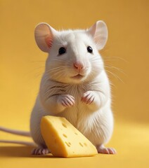 Fototapeta premium Tiny white rat looking content while holding a piece of cheese on a sunny yellow backdrop, content, appetite, animal, mammal