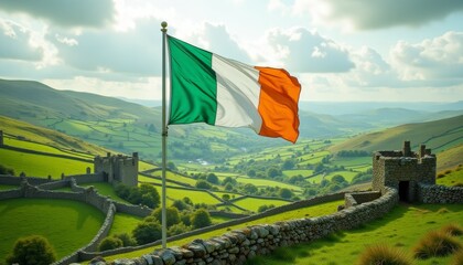 National flag of Ireland waves freely against landscape of green hills and old stone walls, evoking the natural beauty and cultural heritage.
