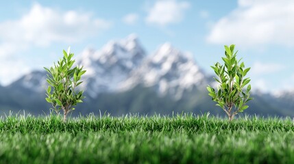 Two saplings grow in grass, mountains background; environmental growth concept