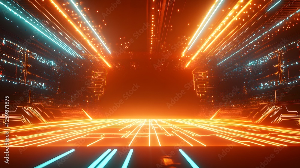 Poster cybernetic pathway illuminated with bright neon lights and circuit patterns