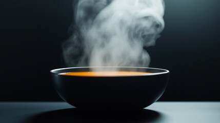 Steaming hot soup in a black ceramic bowl against a dark moody background, showcasing warm comfort food, rich texture, and elegant food photography in a minimalist style