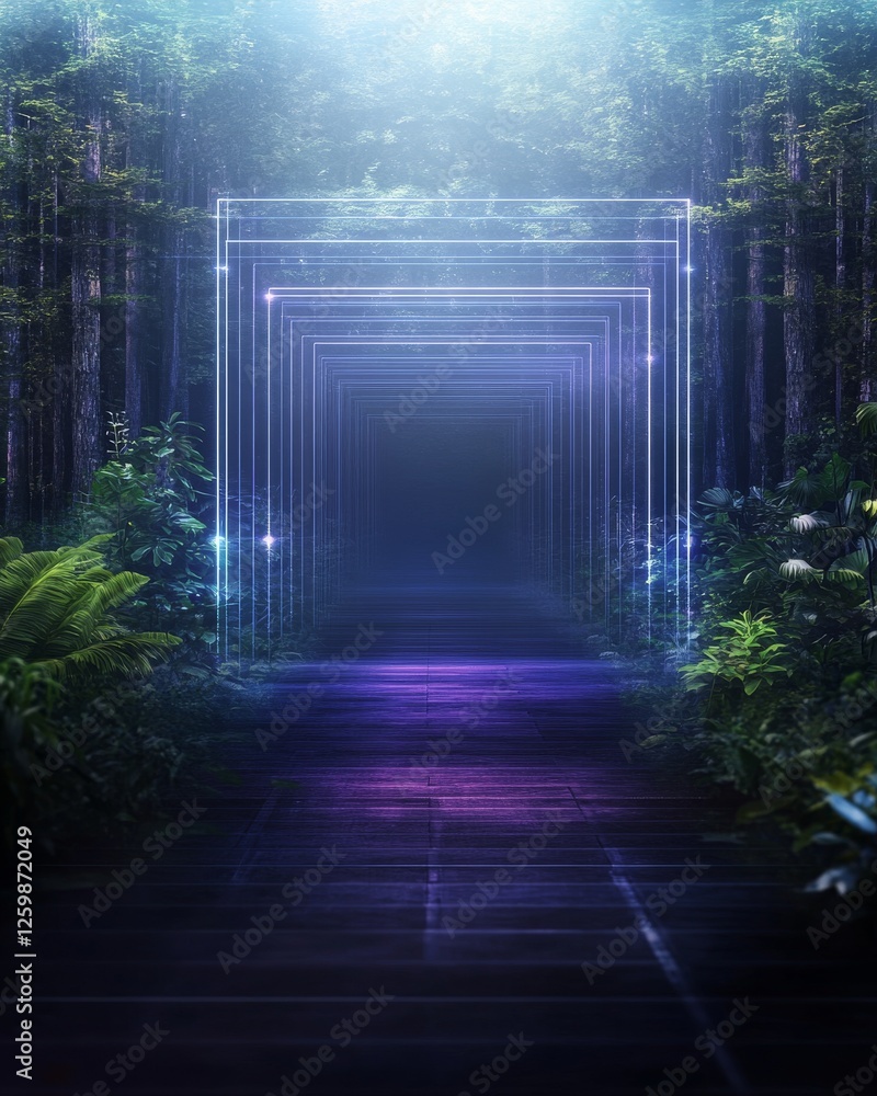 Aufkleber a mystical forest pathway illuminated by glowing geometric shapes, creating an enchanting atmosphere