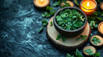 A wooden bowl filled with dried mint leaves, surrounded by candles on a textured surface.