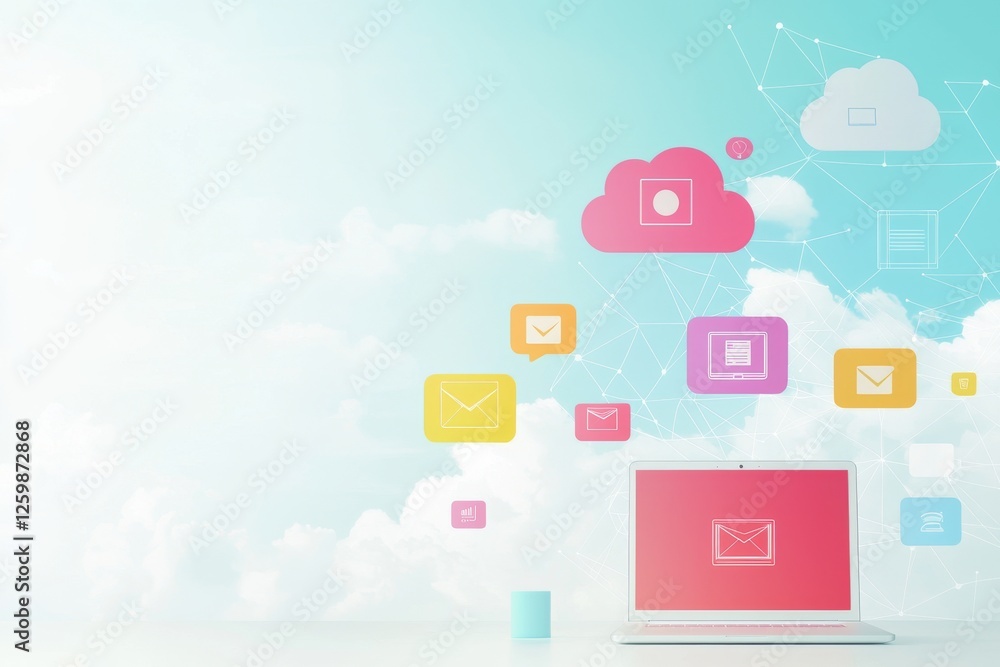 Poster a colorful illustration of a laptop with cloud symbols and document icons, representing digital stor