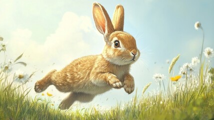 Fototapeta premium A Joyful Leap: A Brown Bunny in Spring Meadow