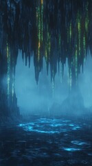 A mystical cave with glowing stalactites and shimmering water, enveloped in a serene blue mist, creating an enchanting atmosphere.