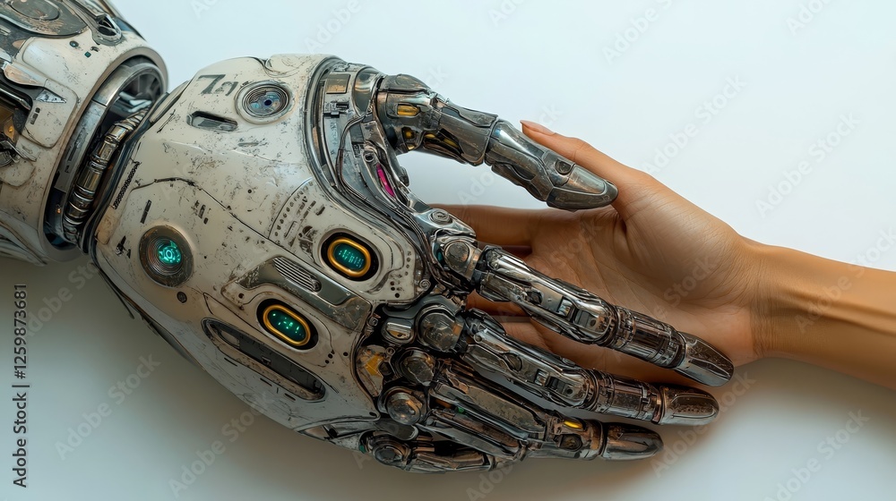 Poster a handshake between a human and a robot illustrates the idea of unity and cooperation between humans