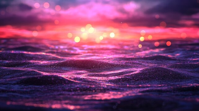 The background is a vibrant pink color with an abstract broken pattern and a textured sequin effect