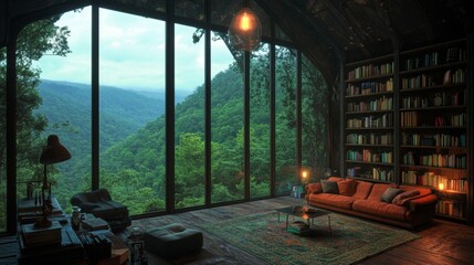 Fototapeta premium A cozy interior design incorporating a panoramic window provides a great view of the forest, reflecting the idea of relaxation in natural surroundings such as houses or cabins