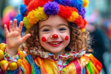 Child with clown makeup, wig, hands up, smiling joyfully