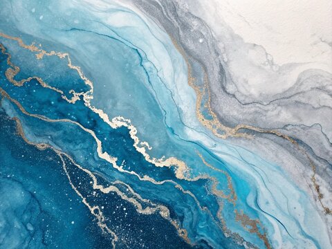 A close-up shot of an abstract blue marble texture with swirling gold accents