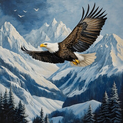 Obraz premium Soaring Eagle Over Mountains: An majestic eagle soars through the crisp mountain air, the snow-capped peaks and evergreen trees stand witness to the animal's strength.