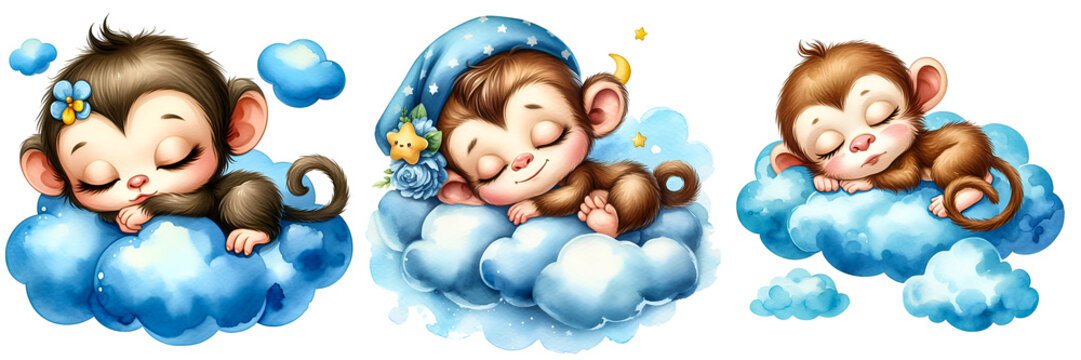 Cute baby monkey sleeping on a blue cloud, watercolor clipart isolated on a white background