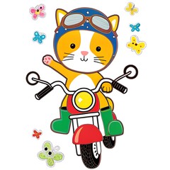 a digital illustration of  a cat riding motorcycle