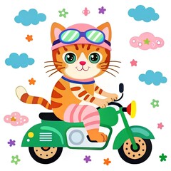 a digital illustration of  a cat riding motorcycle