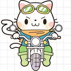 a digital illustration of  a cat riding motorcycle