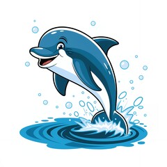 Obraz premium Happy Cartoon Dolphin Leaping from Ocean Water Splashing Joyful Marine Animal Illustration