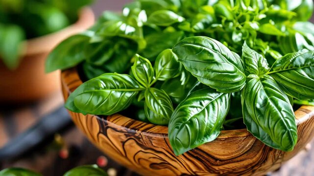 Vibrant basil leaves in a rustic wooden bowl