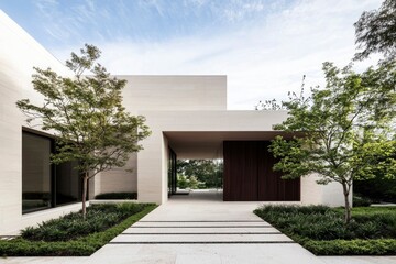 Modern minimalist house with garden during daytime, for architecture and real estate