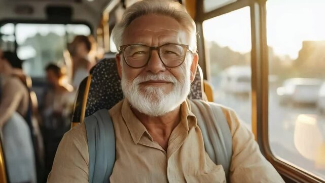 An elder man with a white beard enjoys the warmth of a golden sunset while riding a bus, exuding happiness and contentment amidst the vibrant atmosphere around him.