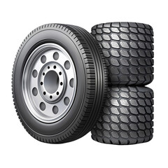 Obraz premium Three new truck tires stacked close up view road grey duty safe wheel on transparent background
