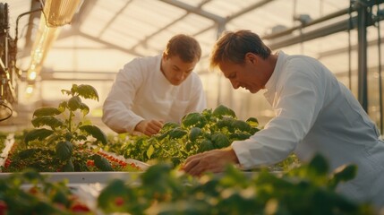 Two professional chefs working together in a commercial kitchen preparing fresh and healthy ingredients for a gourmet dish