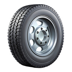 Closeup view of a large black truck tire with a silver rim detailed design on transparent background
