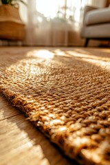 Woven rug in sunlit living room showcases texture for interior design options