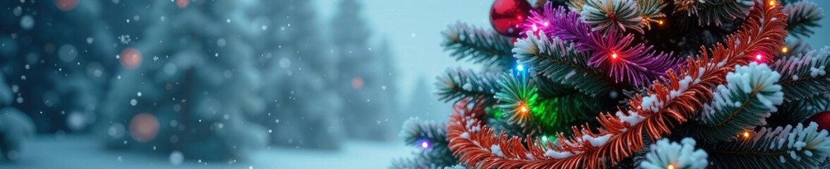 Obraz premium A rainbow of tinsel wraps around a towering Christmas tree against a soft snowy backdrop, tinsel, tree branches, snow-covered