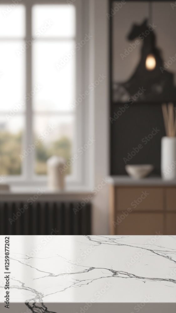 Poster white stone marble table top and blurred abstract background from interior building banner backgroun