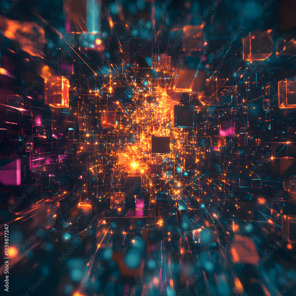 Poster digital realm: abstract geometric shapes are dynamically arranged to symbolize an intricate digital 
