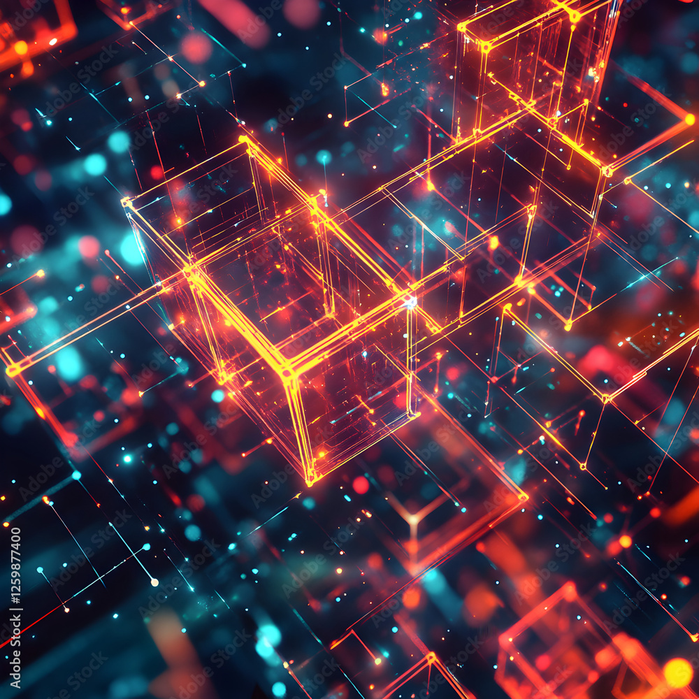 Poster digital network: a complex network of interconnected glowing lines and points, forming abstract geom