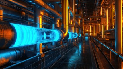 Fototapeta premium A futuristic pipeline system glowing with blue energy on a dark steel background