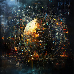 Fototapeta premium Digital Sphere of Metropolis: An intricate, abstract digital artwork, resembling a glowing globe pulsating with the vibrant lights of a futuristic cityscape.