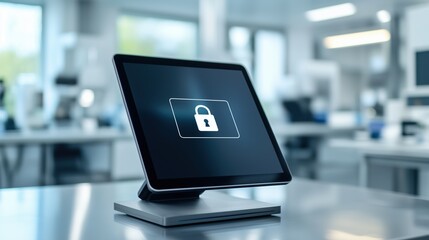 Secure digital tablet with lock icon on screen in modern office environment. Cybersecurity, data protection, and technology concept