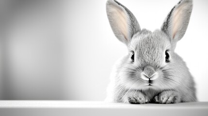Obraz premium a black and white photo of a rabbit sitting on top of a table The rabbit has a soft, fluffy coat of fur and its ears are perked up, giving it an alert and curious