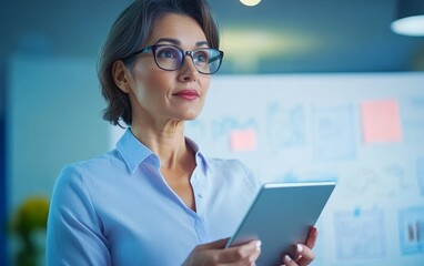 Professional woman in glasses using a tablet while analyzing ideas on a whiteboard in an office