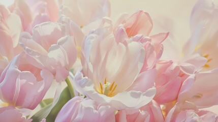 Elegant Pink Tulip Bouquet with White Ribbon, Dreamy Pastel Colors, Romantic Charm, Delicate Details on Table, High-Resolution Realistic Photography
