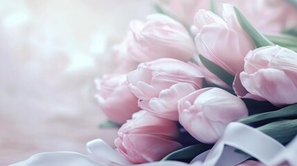 Fototapeta premium Elegant Pink Tulip Bouquet with White Ribbon, Dreamy Pastel Colors, Romantic Charm, Delicate Details on Table, High-Resolution Realistic Photography
